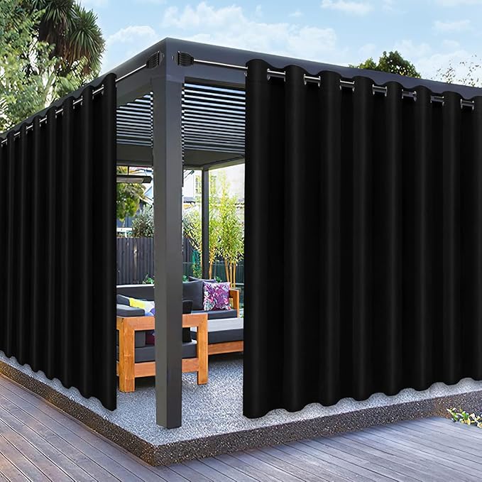 PureFit Outdoor Curtains for Patio Waterproof Weatherproof, UV Resistant Outside Curtains for Gazebo, Front Porch, Pergola, Sun Blocking Privacy Curtain, 120W x 108L inch, 1 Panel, Black