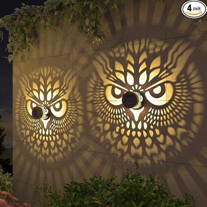 4 Pack Solar Fence Lights Metal Solar Powered Outdoor Wall Deck Step Lights Owl Theme Waterproof Fence Light for Garden Post Patio Backyard Yard Decor, Gardening Gifts for Women Mom Grandma