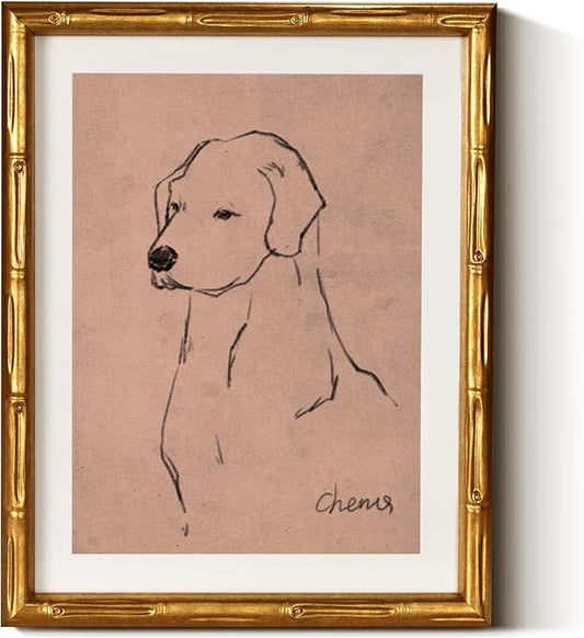 InSimSea Gold Bamboo Framed Canvas Wall Art, Minimalist Dog Sketch Animal by InSimSeaArt