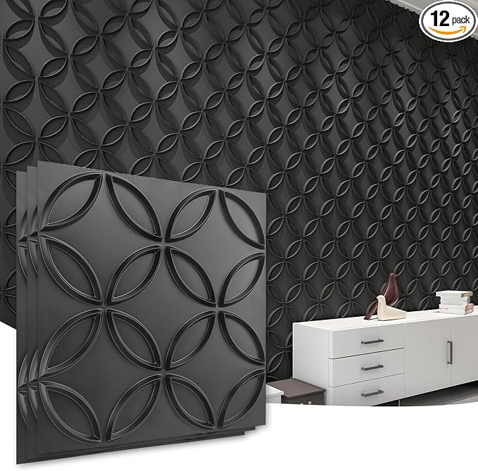 Art3d PVC 3D Wall Panel Interlocked Circles in Matt Black Cover 32 Sq.ft by Art3d