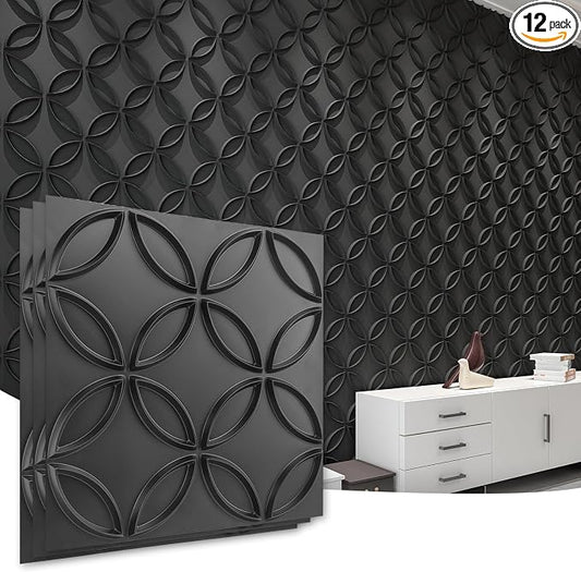 Art3d PVC 3D Wall Panel Interlocked Circles in Matt Black Cover 32 Sq.ft by Art3d