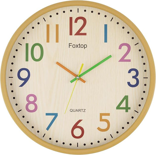 Foxtop 14 Inch Kids Wall Clock Silent Non-Ticking Battery Operated Colorful by Foxtop