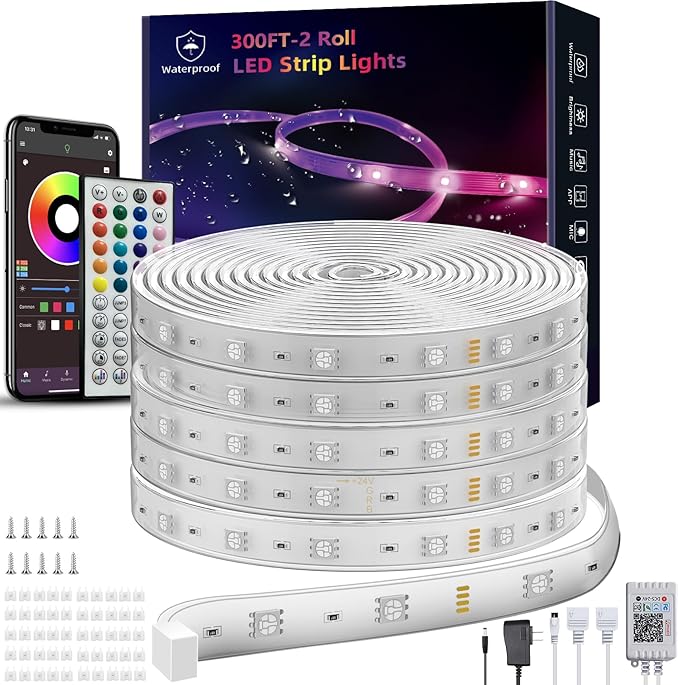 Outdoor Led Strip Lights Waterproof 298ft (2*149ft), Ip65 Outside Led Light Strip Waterproof with Remote and App Control, Exterior Led Rope Lights Music Syne RGB Strip Lights for Bedroom Decor