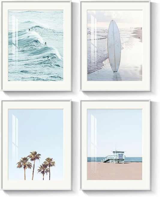 Framed Coastal Beach Wall Art for Living Room, 4 Piece Ocean Wave Palm Tree by MXART