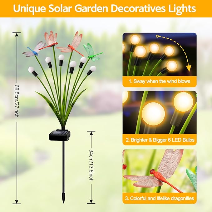 Solar Garden Lights Outdoor - 2 Pack Dragonfly Solar Swaying Light, Sway by Wind, Firefly Lights Outdoor Yard Patio Pathway Decoration, Big Bulb, High Flexibility Iron Wire & Realistic Dragonflies