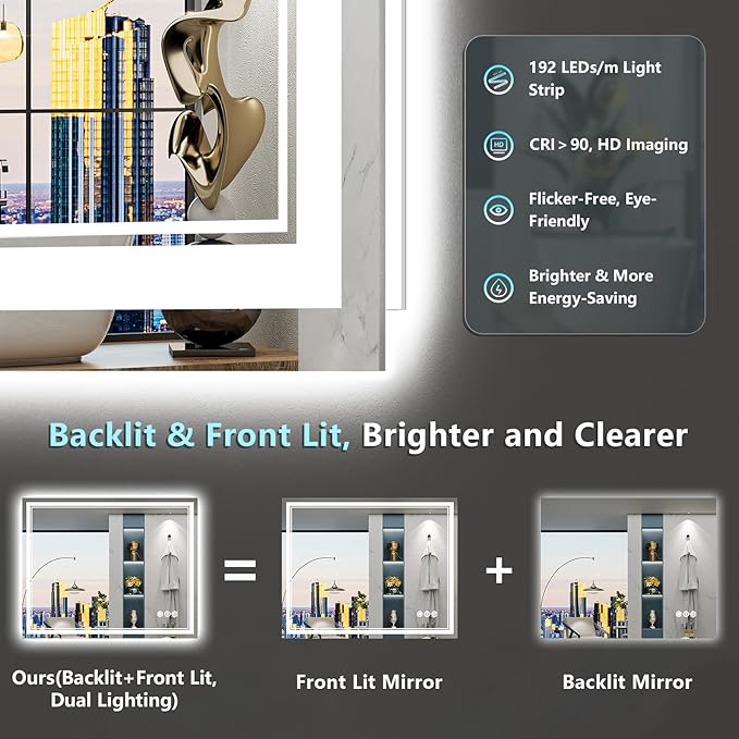 44x32 LED Bathroom Mirror with Lights, Backlit and Front Lit Anti-Fog Lighted - Image 3