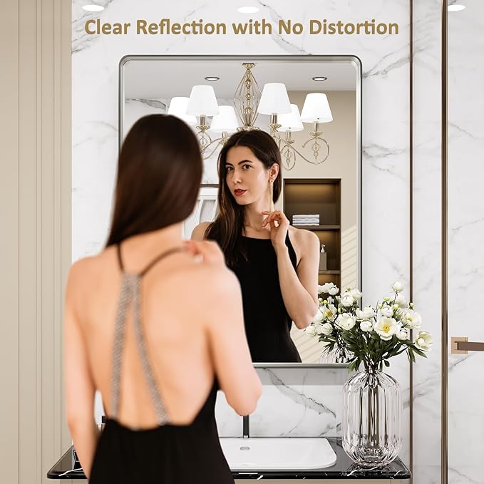 LOAAO 28X36 Inch Brushed Nickel Bathroom Mirror, Rounded Rectangle Silver Metal - Image 2