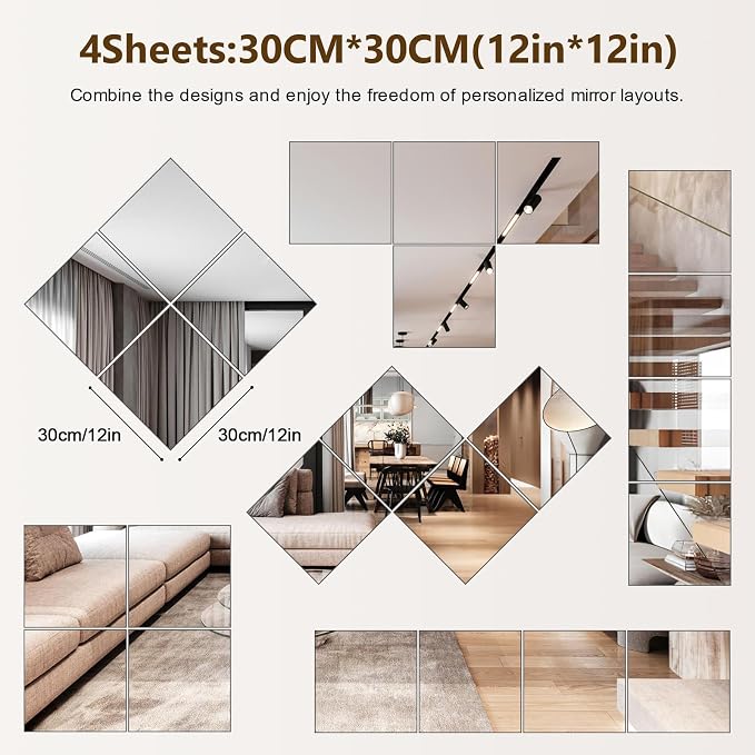 Full Length Mirror Tiles, 12x12 Inch Unbreakable Acrylic Squares - Image 2
