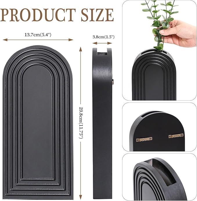 2 Pack Wooden Wall Vase Set - Dark Brown Finish Modern Farmhouse & Boho Wall Decor for Entryway, Hallway, Bathroom, Living Room, Dining Room, Narrow Spaces