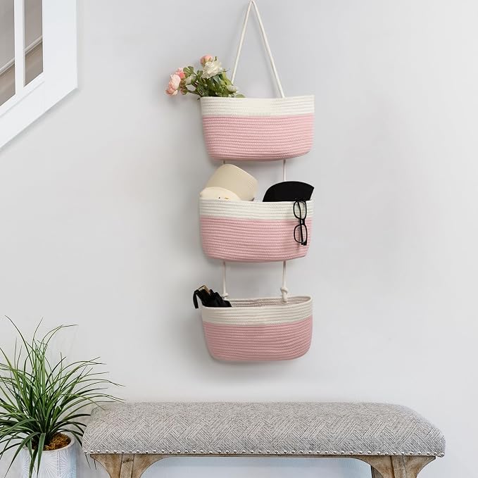 TeoKJ Over the Door Hanging Basket, 3-Tier Woven Cotton Wall-Mounted Storage - Image 6