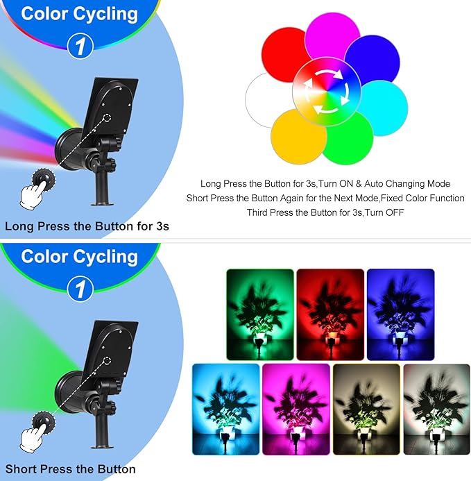 T-SUN Solar Spotlights, Color Changing 7 LED Waterproof Solar Garden Lights, Auto ON/OFF Adjustable Landscape Spot Lights, 2-IN-1 Solar Wall lights for Patio, Yard, Garden, Driveway, Pool Area(2 Pack)
