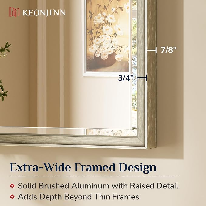 Keonjinn 40" x 30" Brushed Nickel Bathroom Vanity Mirror, Beveled Tempered Glass - Image 3