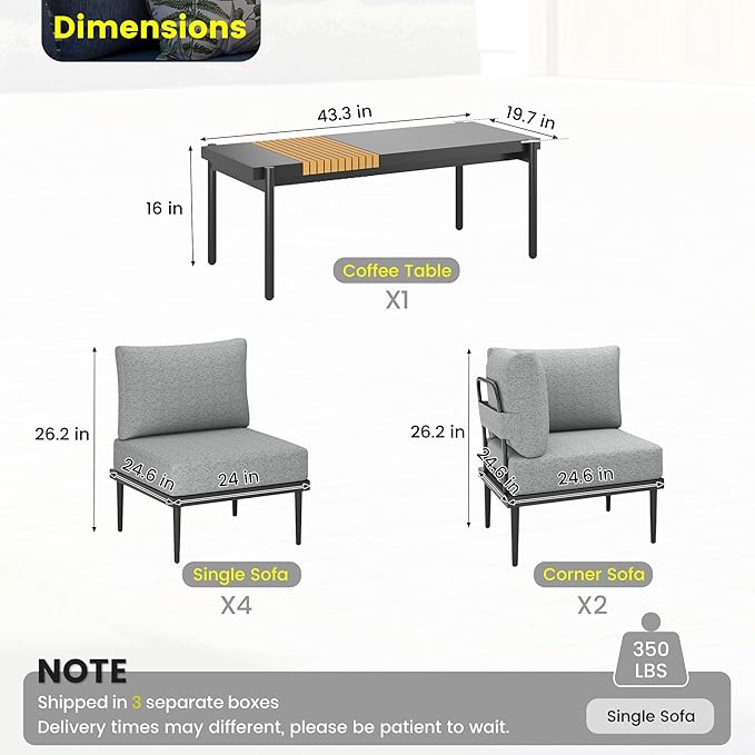 Sundale Outdoor 7 Pieces Metal Patio Furniture Set, Outdoor Sectional Sofa with 6 Inch Olefin Cushion, Modern Outdoor Conversation Sets with Coffee Table for Backyard, Poolside, Sunroom