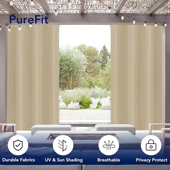 PureFit Outdoor Curtains for Patio Waterproof Weatherproof, UV Resistant Outside Curtains for Gazebo, Front Porch, Pergola, Sun Blocking Privacy Curtain, 52W x 84L inch, Set of 2, Beige