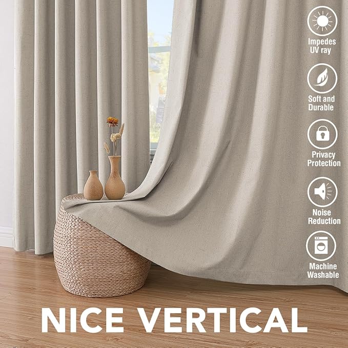 H.VERSAILTEX 100% Blackout Curtains for Bedroom Thermal Insulated Linen Textured Curtains Heat and Full Light Blocking Drapes Living Room Curtains 2 Panel Sets, Cobblestone, 52x72 Inch