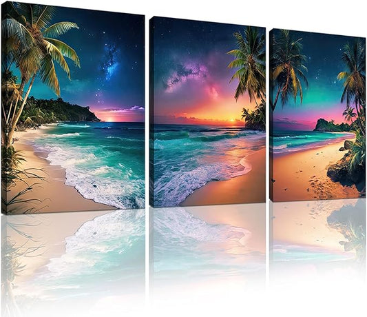 weiyiart 3-Piece Tropical Beach Wall Art, Northern Lights Ocean Sunset Canvas by weiyiart