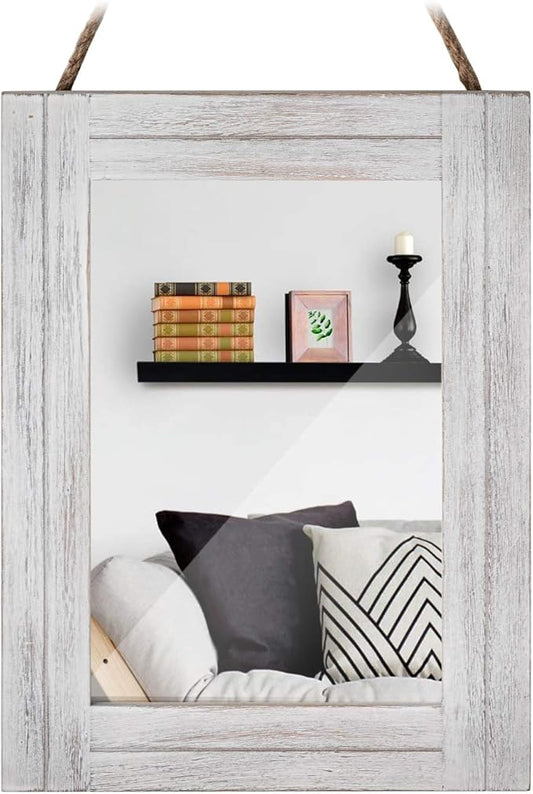 Rectangle Wall Mirror for Bathroom, Distressed White Wood Decor by DECORKEY