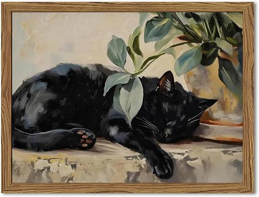 Framed Black Cat Canvas Wall Art, Vintage Sleeping Cat by Unknown