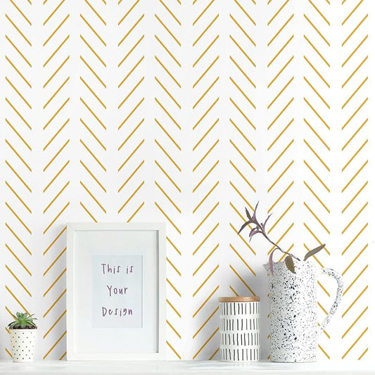 Erfoni Yellow and White Peel and Stick Wallpaper Modern Herringbone Wallpaper by Erfoni