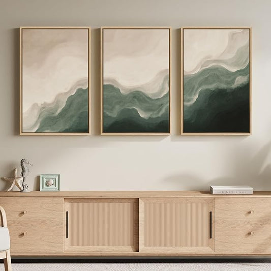 Framed Green and Beige Abstract Wall Art Set of 3, Modern Neutral Canvas Prints by Cuspin