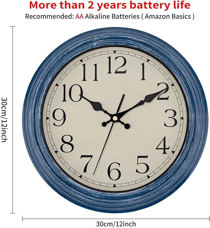 Foxtop 12 Inch Wall Clocks Battery Operated Silent Non-Ticking Classic Vintage - Image 2