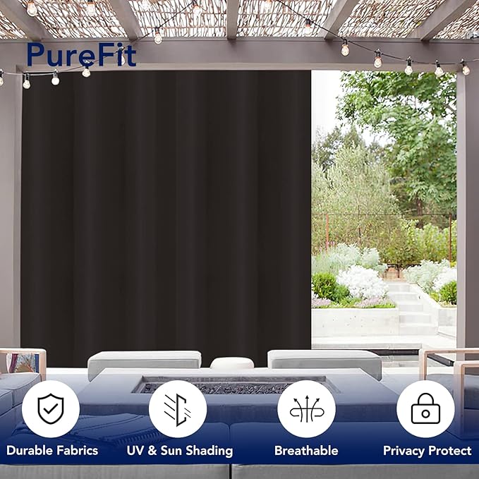 PureFit Outdoor Curtains for Patio Waterproof Weatherproof, UV Resistant Outside Curtains for Gazebo, Front Porch, Pergola, Sun Blocking Privacy Curtain, 100W x 108L inch, 1 Panel, Chocolate