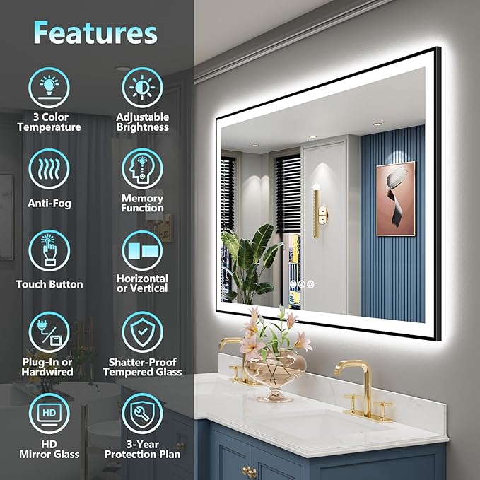 66x36 Black Framed LED Bathroom Mirror - Image 2