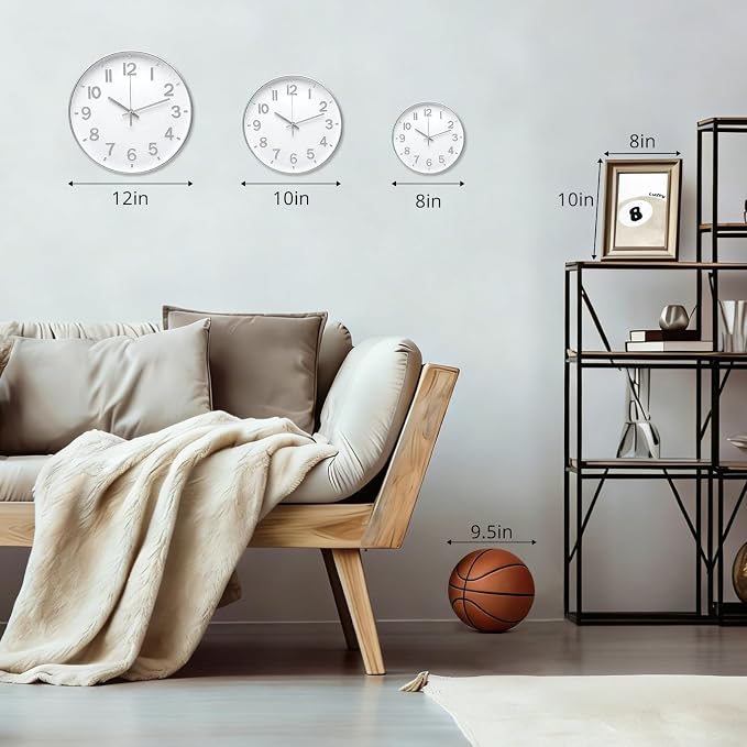 Wall Clock 12 In White-Silver Modern Simple Quartz Decorative Clock Non-Ticking - Image 3
