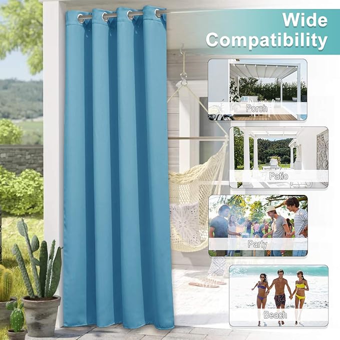 NICETOWN Outdoor Curtain for Patio Waterproof Extra Wide 100 in, Sun Blocking Vertical Blinds Thermal Insulated Stainless Grommet Indoor & Outdoor Divider for Public Space, Teal Blue, 1 Piece, L84 in