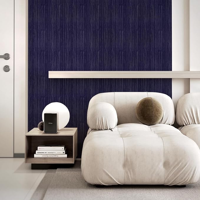 Navy Blue Grasscloth Peel and Stick Wallpaper Vintage Texture Removable - Image 5