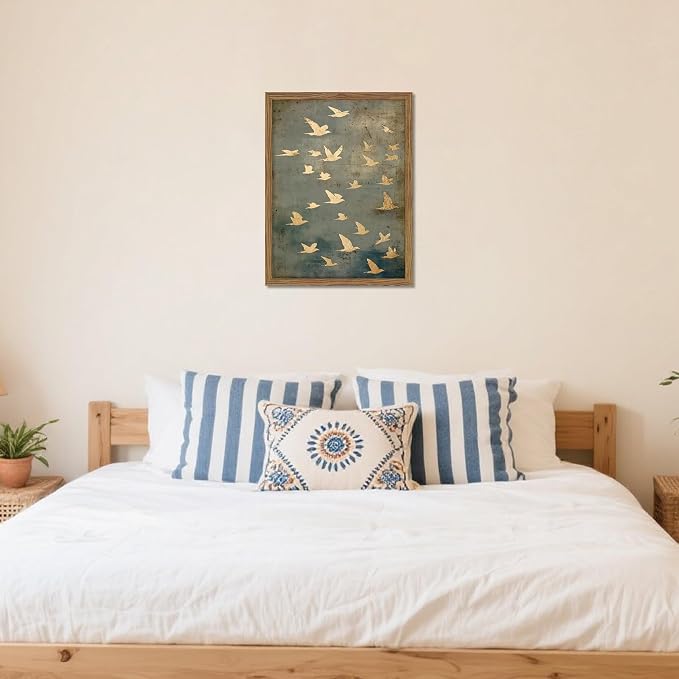 Framed Flock of Birds Canvas Wall Art, Vintage Minimalist Abstract Landscape - Image 6