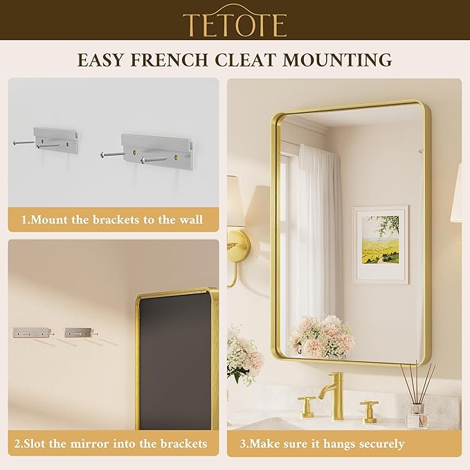 TETOTE 16 x 24 Inch Brushed Gold Frame Mirror, Brass Gold Bathroom Vanity Mirror - Image 7