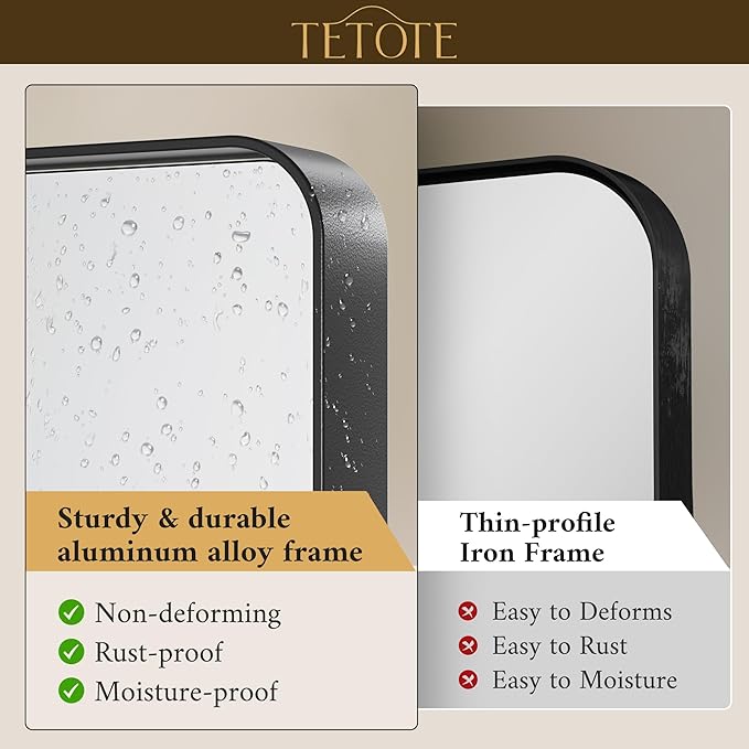 TETOTE 48 x 30 Inch Bathroom Mirror, Matte Black Modern Metal Frame Rectangle - Image 3
