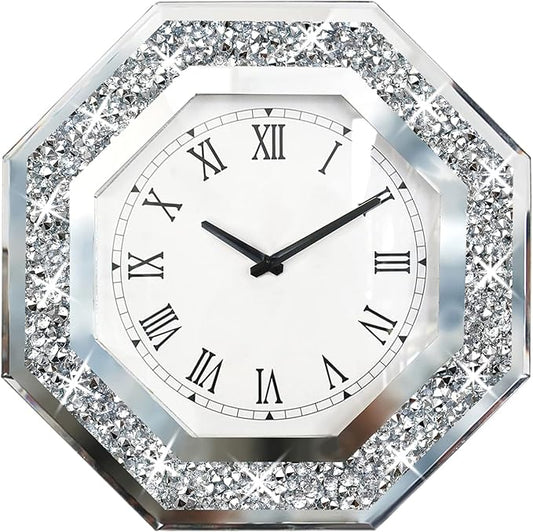 Wall Clock, Octagon Mirror Glass Clock, Cute Diamond 12-inch Non-Ticking Clock by XIHACTY