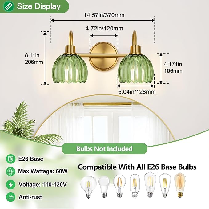 2-Light Bathroom Vanity Light, Brushed Gold Vanity Wall Light Over Mirror - Image 8