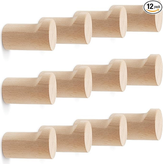 bsdonte 12 Pack Wood Wall Hooks, Natural Wooden Coat Hooks Wall Mounted by bsdonte