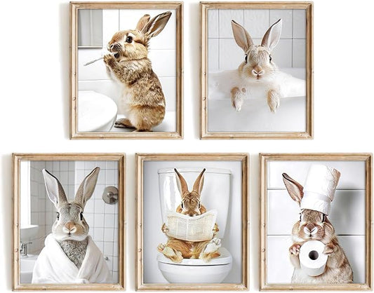 Vodefoad Funny Bunny Bathroom Wall Art 5pcs Bundle Easter Rabbit Posters Animal by VodefoadVintageWallArt