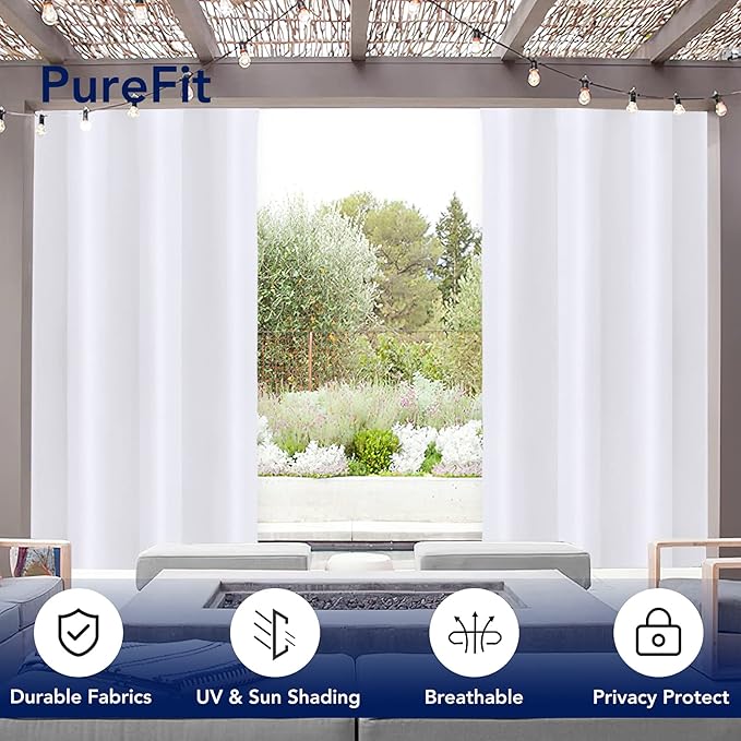 PureFit Outdoor Curtains for Patio Waterproof Weatherproof, UV Resistant Outside Curtains for Gazebo, Front Porch, Pergola, Sun Blocking Privacy Curtain, 52W x 95L inch, 1 Panel, White