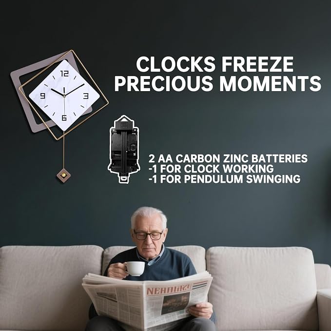 Wall Clock with Pendulum, Silent Quality Quartz Battery Operated, Modern Large - Image 3