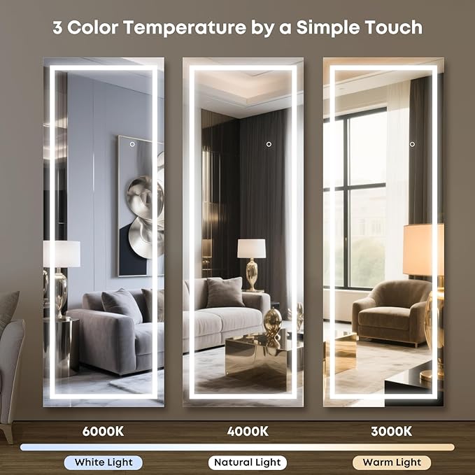 Kosmonia 71x28 Frameless Full Length Mirror, Dimmable 3 Color LED Light - Image 4