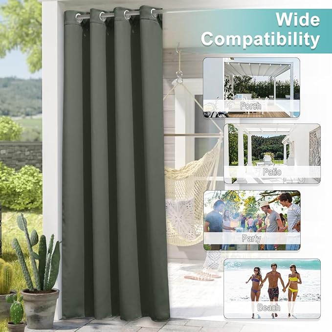 NICETOWN 2 Panels Long Outdoor Curtains for Patio Waterproof, Energy Saving Thermal Insulated Rustproof Grommet Sunlight Blocking Privacy Protect for Pool/Porch, W52 x L108, Greyish Green