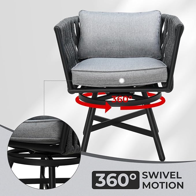 Grand patio Swivel Rope Wicker Chairs Set of 2, Patio Dining Chairs with Cushions, Wicker Armchairs Frame, Outdoor Modern Style for Backyard, Balcony, Quinn, Dark Grey