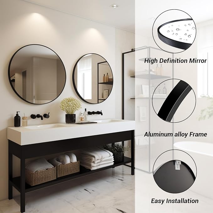 Sunniry Round Mirror 28 inch, Round Black Mirror, Circle Bathroom Mirrors Metal - Image 2