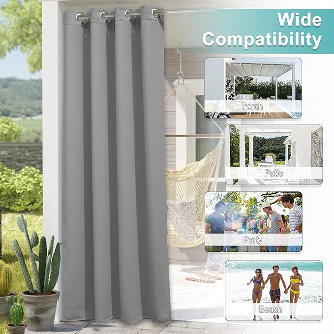 NICETOWN Outdoor Curtain for Patio Waterproof W66 x L84 inch, Stainless Grommet UV Protection Curtain for Gazebo/Porch/Pergola, Weatherproof Curtain for Summer & Winter (Silver Gray, 1 Panel)