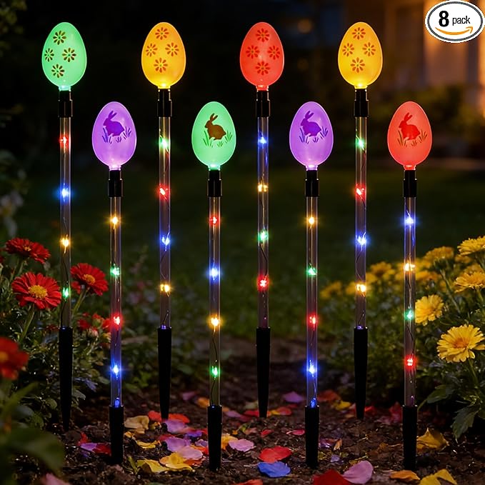 8 PCS Solar Easter Eggs Stake Lights, IP65 Waterproof Multicolor Outdoor Easter Pathway Lights Auto On/Off Solar Stake Light for Lawn Landscape Yard Patio Decorations