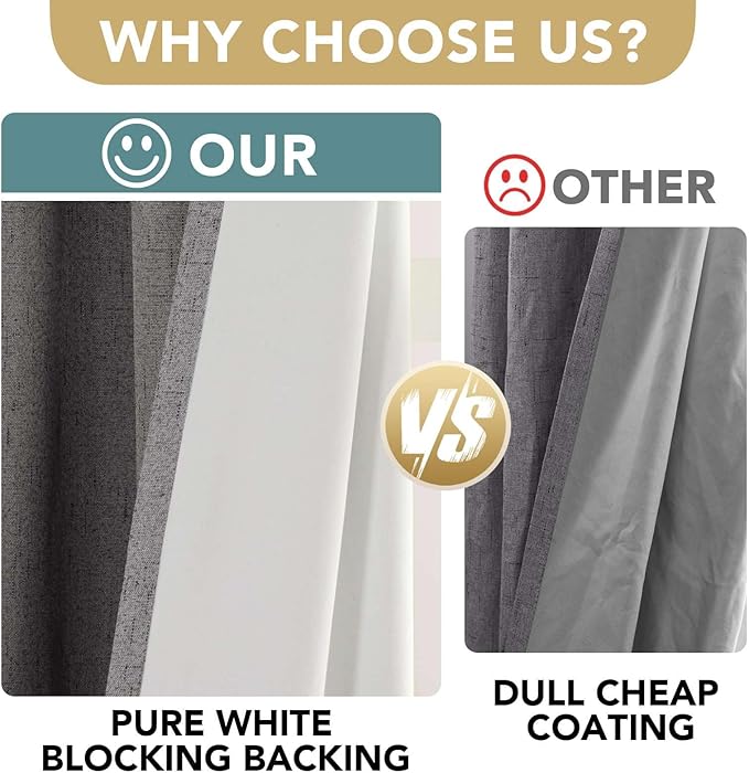 H.VERSAILTEX Linen Blackout Curtains 84 Inches Long 100% Absolutely Blackout Thermal Insulated Textured Linen Look Curtain Draperies Anti-Rust Grommet, Energy Saving with White Liner, 2 Panels, Grey