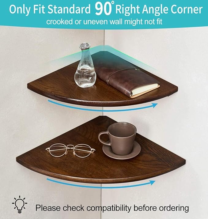 Corner Shelf, 12inch Walnut Solid Wood Floating Corner Shelves Wall Mount Round - Image 3