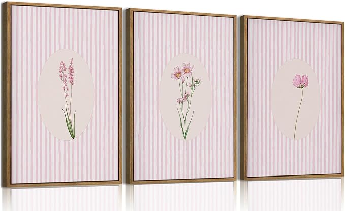 KISSFOX 3 Piece Framed Wall Art Botanical Wall Decor Pink Floral Pictures by KISSFOX
