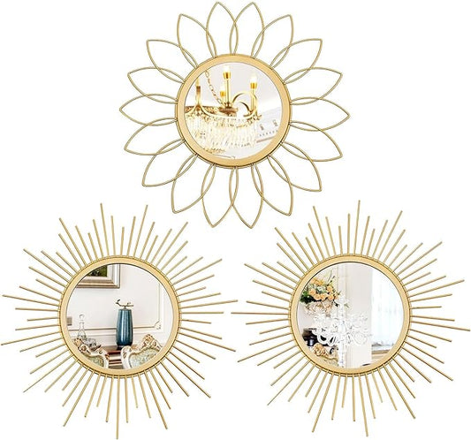 3 Pack Metal Mirrors for Wall Sunburst Wall Mirrors Home Décor Decorative by Uaussi