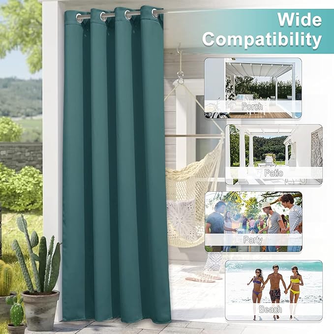 NICETOWN Indoor & Outdoor Curtain for Patio Waterproof, Living Room Darkning Grommet Thermal Insulated Blackout Outdoor Drape for Patio/Front Porch, W52 x L108, Teal, 1 Panel